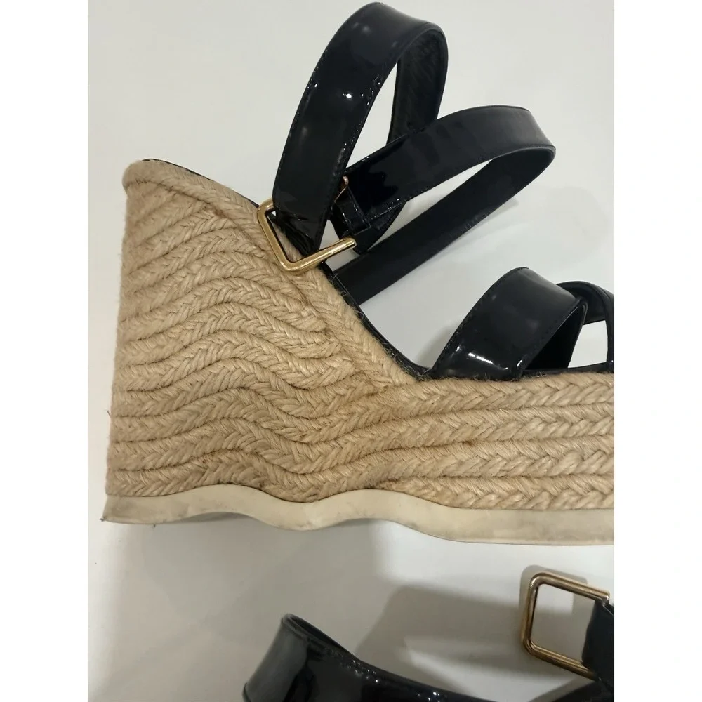 Yves Saint Laurent Espadrille Wedge Sandals Shoes Dark Blue Leather Size 37.5